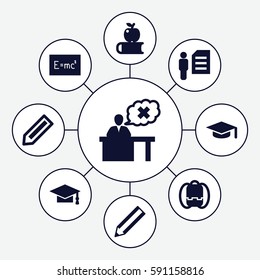 student icons set. Set of 9 student filled icons such as pencil, graduation cap, teacher, man and document, board with formulas, graduation hat, backpack