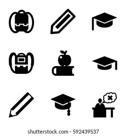 student icons set. Set of 9 student filled icons such as pencil, backpack, teacher, arrows up, graduation hat