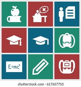 Student icons set. set of 9 student filled icons such as pencil, backpack, graduation cap, teacher, man and document, board with formulas, graduation hat