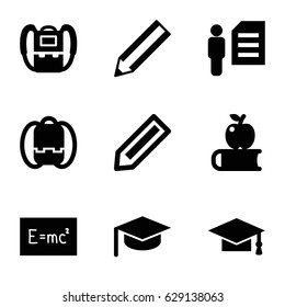 Student icons set. set of 9 student filled icons such as pencil, backpack, graduation cap, man and document, board with formulas, apple on book