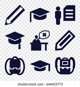 Student icons set. set of 9 student filled icons such as pencil, backpack, teacher, man and document, arrows up