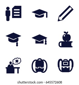 Student icons set. set of 9 student filled icons such as backpack, graduation cap, pencil, teacher, man and document, arrows up, graduation hat