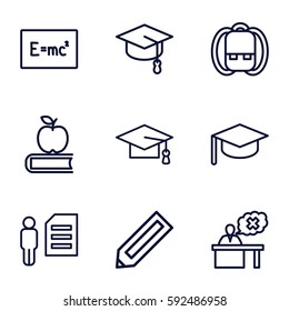 student icons set. Set of 9 student outline icons such as pencil, graduation cap, teacher, backpack, apple on book, arrows up, board with formulas, graduation hat