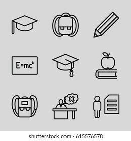 Student icons set. set of 9 student outline icons such as backpack, pencil, teacher, apple on book, arrows up, board with formulas, graduation hat