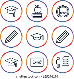 Student icons set. set of 9 student outline icons such as pencil, graduation cap, graduation hat, backpack, apple on book, arrows up, board with formulas