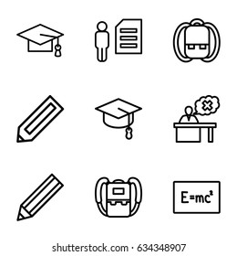 Student icons set. set of 9 student outline icons such as pencil, backpack, graduation cap, teacher, arrows up, board with formulas