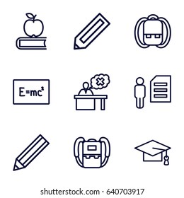 Student icons set. set of 9 student outline icons such as pencil, backpack, graduation cap, teacher, apple on book, board with formulas