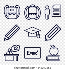 Student icons set. set of 9 student outline icons such as pencil, backpack, graduation cap, teacher, apple on book, board with formulas