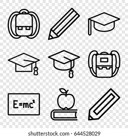 Student icons set. set of 9 student outline icons such as pencil, backpack, graduation cap, apple on book, arrows up, board with formulas