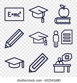 Student icons set. set of 9 student outline icons such as pencil, graduation cap, teacher, graduation hat, apple on book, arrows up, board with formulas