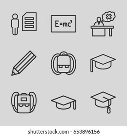 Student icons set. set of 9 student outline icons such as backpack, pencil, teacher, graduation hat, arrows up, board with formulas