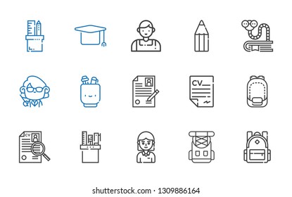 Student Icons Set. Collection Of Student With Backpack, Rucksack, Pencil Case, Curriculum, Teacher, Bookworm, Pencil, Salesman, Mortarboard. Editable And Scalable Student Icons.