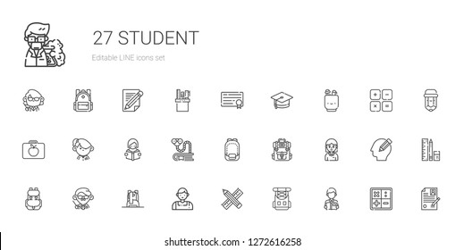 student icons set. Collection of student with reading, rucksack, pencil, salesman, backpack, teacher, bookworm, lunchbox, pencil case, mortarboard. Editable and scalable student icons.