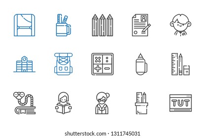 student icons set. Collection of student with tutorial, pencil case, librarian, reading, bookworm, school material, pencil, math, rucksack. Editable and scalable student icons.