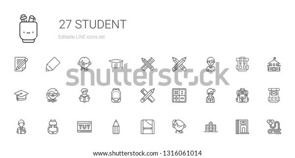 student icons set.\
Collection of student with university, toga, pencil, tutorial,\
backpack, reading, librarian, math, teacher, mortarboard. Editable\
and scalable student\
icons.