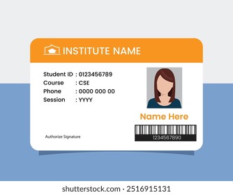 Student ID card template. Identification card student at university and college secure pass with personal character information with photo and signature plastic vector data ID of identity.