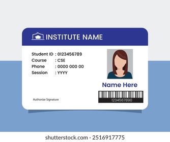 Plantilla de la tarjeta de identificación del estudiante. Tarjeta de Identificación de estudiante en la universidad y pase seguro de la universidad con información de carácter personal con foto y firma de plástico de Vector de datos ID de identidad.