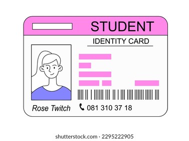 Student ID card. Verification of identity and phone number, Rose Twitch. Purple pass or abroad to university or college. Education, learning and training. Cartoon flat vector illustration