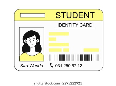 Tarjeta de identificación de estudiante. Verificación de identidad y número de teléfono, Kira Wenda. Paso amarillo a la universidad. Documento al colegio o colegio. Plantilla, disposición y burla. Dibujo vectorial plano de dibujos animados