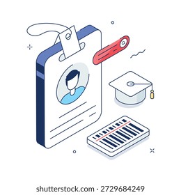 Student ID, profile, and graduation cap for identification, trendy isometric illustration