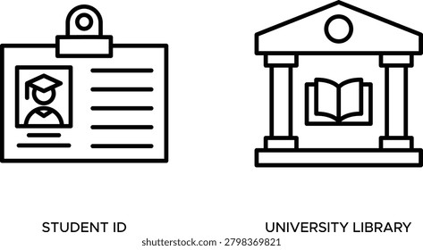 Student id and university library identification symbols vector illustration