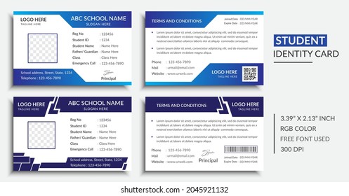 Plantilla de diseño de tarjeta de identidad de estudiante. Tarjeta de nombre horizontal moderna y tarjeta de identidad para la empresa. Ilustración vectorial Color azul.