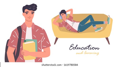 student image set. online education. A man in headphones lies on a sofa. cartoon vector character