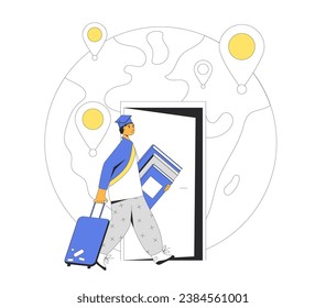 Student immigration. Brain drain metaphor. Study and work abroad opportunity for skilled workers. Visa for obtaining education. Vector outline illustration.