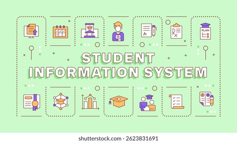Student information system green word concept. Teacher mentorship, assistance. Studying, learning. Typography banner. Vector illustration with title text, editable icons color