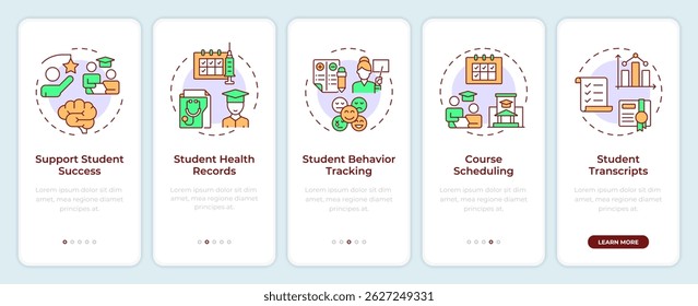 Tela do aplicativo móvel integrado do sistema de informações do aluno. Passo a passo 5 passos instruções gráficas editáveis com conceitos lineares. IU, UX, GUI