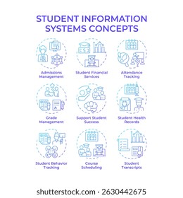 Ícones de conceito de gradiente azul dos sistemas de informação do aluno. Gerenciamento de níveis. Ensino, treinamento. Pacote de ícones. Imagens vetoriais. Ilustrações de forma redonda para artigo, infográfico. Ideia abstrata