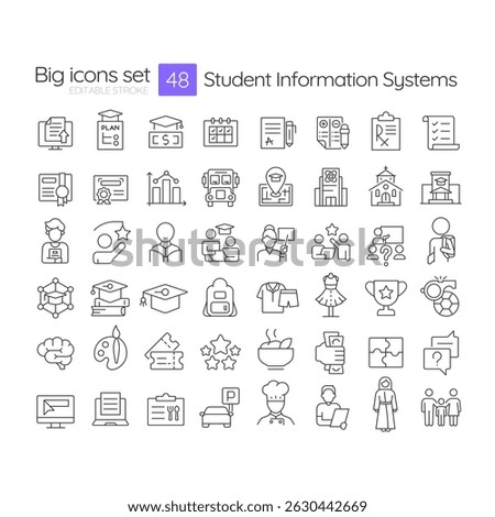 Student information systems line icons set. Dress code, school uniform. Competition trophy, achievement. Isolated vector outline illustrations. Thin lineart iconset symbols. Editable stroke