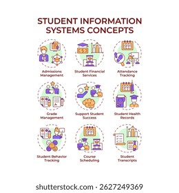 Student information systems multi color concept icons. Grades management. Teaching, coaching. Icon pack. Vector images. Round shape illustrations for article, infographic. Abstract idea