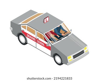 Ilustración vectorial isométrica 3d del alumno e instructor de la escuela de conducción