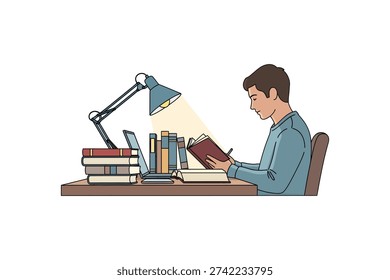 A student is intently reading a book, illuminated by a desk lamp, surrounded by books.