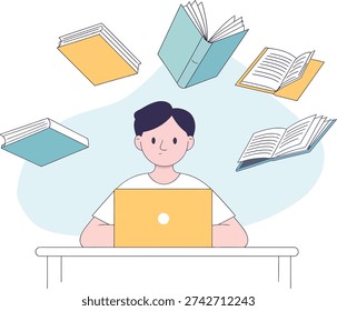 A student intently studies using a laptop, with books floating around, representing knowledge.