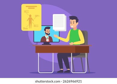 Student interacting with virtual instructor during online class. Session including visual aids on health topics, promoting active learning and participation