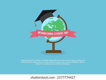 Student international day background with graduation hat and globe isolated on blue color.