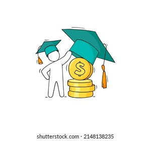 Student Invest Money In Education. Concept Of Tuition Cost, Scholarship, School Grant. Vector Hand Drawn Illustration With Character, Gold Coins, Big Graduation Cap