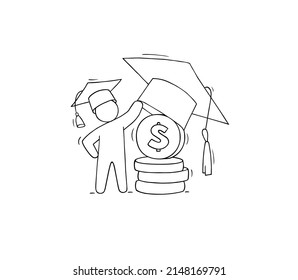 Student invest money in education. Concept of tuition cost, scholarship, school grant. Vector hand drawn illustration with character, gold coins, big graduation cap