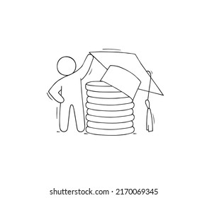 Student invest money in education. Concept of tuition cost, scholarship, school grant. Vector hand drawn illustration with character, gold coins, graduation cap