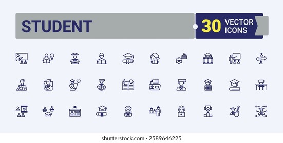 Student isolated icon set. Includes icons for student, business, team, teacher, web, learning and more. Icons for design. Solid line editable stroke.