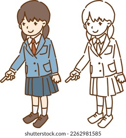 Student in japanese shcool. whole body vector illustration. pointing bottom.