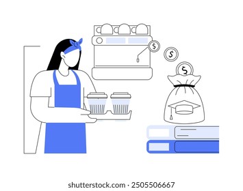 Student job isolated cartoon vector illustrations. Young girl at her part-time student job, earning first money, happy school graduate works as a barista at a coffee shop vector cartoon.