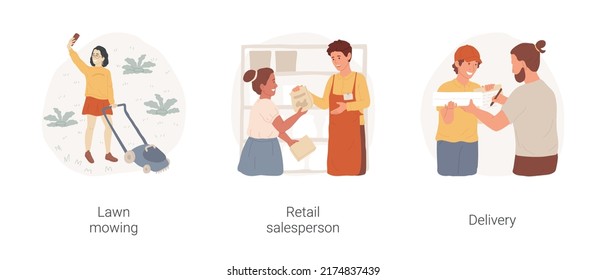 Student Jobs Isolated Cartoon Vector Illustration Set. Lawn Mowing Summer Job, Retail Salesperson, Store Assistant, Teenage Delivery Boy Holding Pizza Box, Gaining Work Experience, Vector Cartoon.