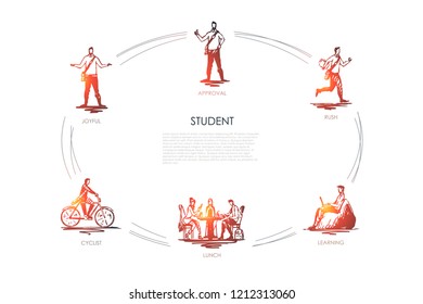 Student - joyful, cyclist, approval, rush, learning, lunch vector concept set. Hand drawn sketch isolated illustration