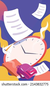 Student jumping on the clock, preparing for the exam, vector illustration