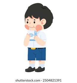 Student kid boy is drinking milk