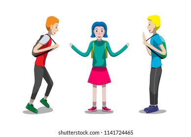 student kid boy and girl going to school , greeting and happy face vector character design