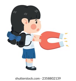 Student kid hold Big magnet cartoon